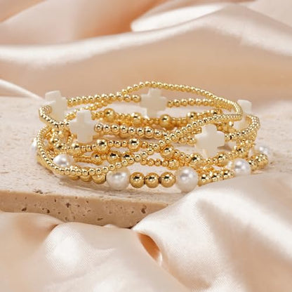 Gold Beaded Bracelets Stack for Women Stackable 14K Gold Plated Beads Ball Cross Bracelet Boho Christian Jewelry Faith Friendship Birthday Gifts for Women - color: Pearl