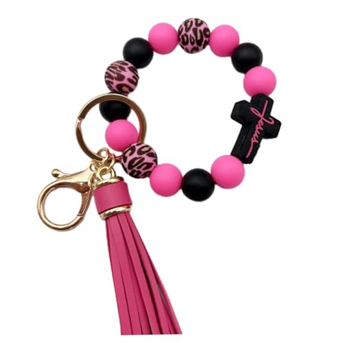 Silicone Beaded Jesus Cross Wristlet Keychain Leather Tassel,Key Ring Wrist Bangle,Key Chains Bracelet Women - color: Dark Pink Cross