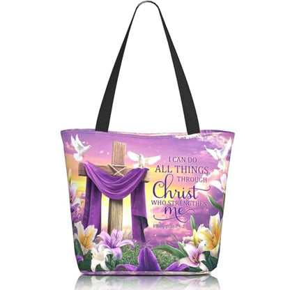 Bible Tote Bags for Women Christian Gifts Religious Church Shoulder Bag - color: Purple Cross