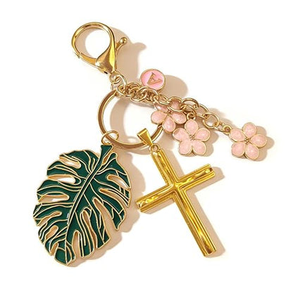 Cross Keychain for Women Jesus Christian Purse Bag Charms Key Charm Gifts for Women Purse Charms for Handbags - color: Gold Tone With Pink Flower