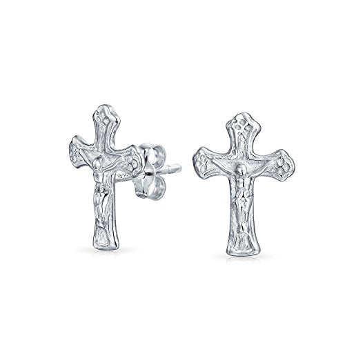 Religious Crucifix Cross Stud Earrings .925 Sterling Silver Communion Gift