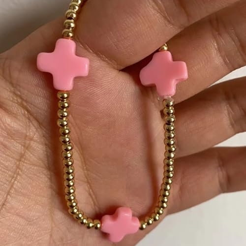 Colorful Cross Charm Bracelets for Women Men Adjustable Gold Plated Beaded Bracelet Boho Bead Ball Stretch Bracelet Birthday Summer Beach Jewelry - color: Pink