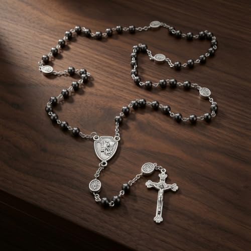 Nazareth Store St Michael Rosary Hematite Stone Beads Necklace Metal Beaded Glory Beads Archangel Medal & Cross with Metal Gift Box - color: Antique Silver | St Michael