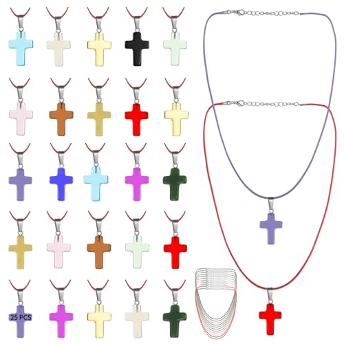 25 PCS Stone Cross Pendant Necklaces, Adjustable Cord, Natural Gemstone Charms with Polished Finish, DIY Jewelry Making Cross Charms for Bracelets Earrings Presents - color: 25pcs Multicolor