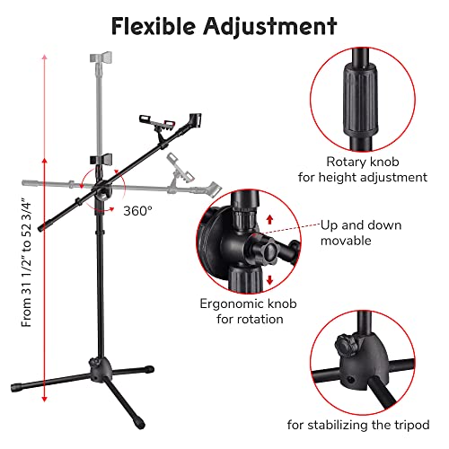 AW Microphone Boom Arm Stand w/Dual Mic Clips Adjustable Tripod Phone - color: Black-2 Mic Clips+Phone Holder, size: 1 pc