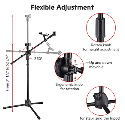 AW 6 Packs Microphone Boom Arm Stand Dual Mic Clips Adjustable Tripod Phone - color: Black-2 Mic Clips+Phone Holder, size: 6 pcs