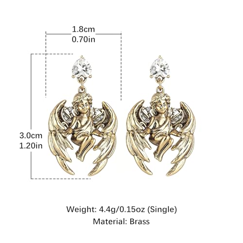 HZMAN Vintage Angel Dangle Earrings for Women, Brass Drop Earrings with Pear Cut Cubic Zirconia, Retro Baroque Religious Jewelry Gift