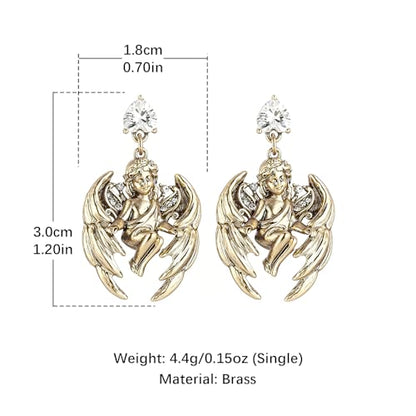 HZMAN Vintage Angel Dangle Earrings for Women, Brass Drop Earrings with Pear Cut Cubic Zirconia, Retro Baroque Religious Jewelry Gift