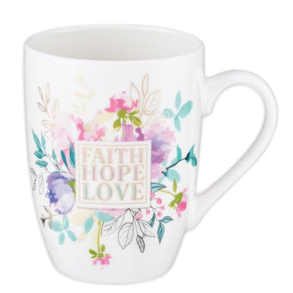 Christian Art Gifts Coffee Mug for Women and Men "Faith Hope Love" - 1 Corinthians 13:13 Lead-free and Non-Toxic White Ceramic Mug with Pastel Floral Inspirational Coffee Cup, 12oz