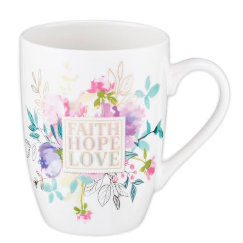 Christian Art Gifts Coffee Mug for Women and Men "Faith Hope Love" - 1 Corinthians 13:13 Lead-free and Non-Toxic White Ceramic Mug with Pastel Floral Inspirational Coffee Cup, 12oz