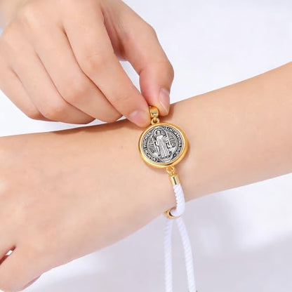 Catholic Bracelets St. Benedict Bracelet Red Rope Double Hole Pendant Couple Woven Bracelets Adjustable Black Bracelet - color: White