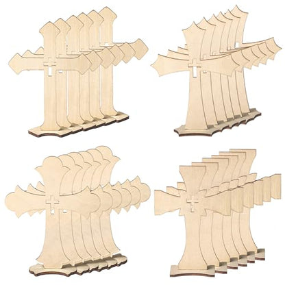 24 Pcs Wooden Crosses for Crafts 4 Styles Unfinished Catholic Wooden Crosses Bulk with Stands Cross centerpieces for Tables Wood Standing Cross for First Communion Baptism Easter Decor