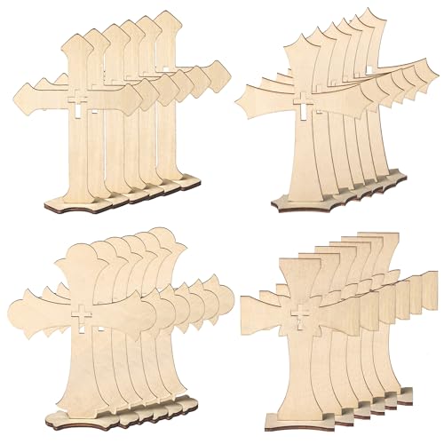 24 Pcs Wooden Crosses for Crafts 4 Styles Unfinished Catholic Wooden Crosses Bulk with Stands Cross centerpieces for Tables Wood Standing Cross for First Communion Baptism Easter Decor