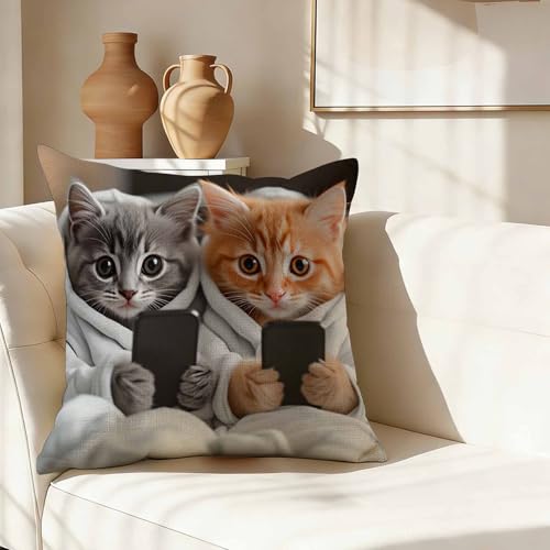Cozy Pet Throw Pillow Cover,Cute Kittens Using Phones Decorative Pillow Case,Funny Cat Lover Cotton Linen Cushion Case for Home Decor 18 * 18 Inch - color: Settype12