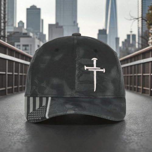 Christian Cross Baseball Cap, Religious Cross Design, Typhoon CAMO HAT Silver Embroidery Jesus Hat - Adjustable Buckle Back Hat. Free 4" Sacred Nails Faith Decal