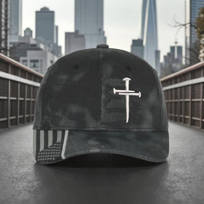 Christian Cross Baseball Cap, Religious Cross Design, Typhoon CAMO HAT Silver Embroidery Jesus Hat - Adjustable Buckle Back Hat. Free 4" Sacred Nails Faith Decal