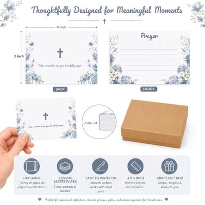 100 Pcs Lined Prayer Cards - 4x3 Christian Note Cards with Blue Floral Art - 250GSM Matte Paper Boxed Set for Church, Small Group & Prayer Requests - color: BLUE FLORAL