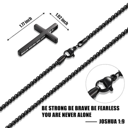 Fiusem Cross Necklace for Men, Stainless Steel Cross Pendant STXL023 - color: Black, size: 24", style: JOSHUA 1:9
