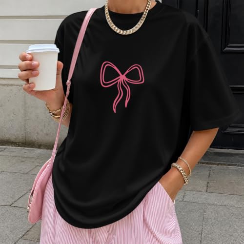 Christian Faith Bow Shirts for Women Cute Coquette Shirt Jesus Religious Tshirts Bible Verse Oversized Graphic Tee - color: Black, size: Large