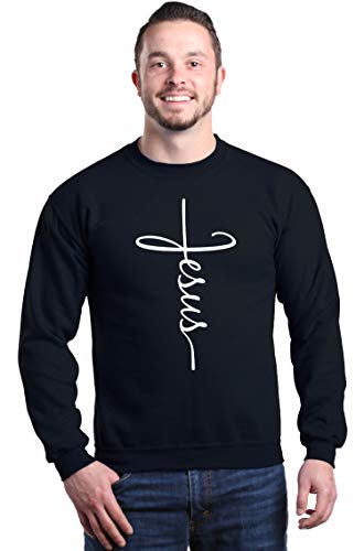 shop4ever Jesus Cross Script Crewneck Sweatshirts - color: Black, size: 5X-Large
