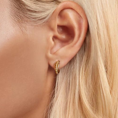 Turquoise Cross Hoop Earrings for Women 14K Gold Plated Infinity Angel Feather Pearl Turquoise Cross Star Hypoallergenic Post Christan Everyday Huggie Jewelry Gift - color: Gold Leaf
