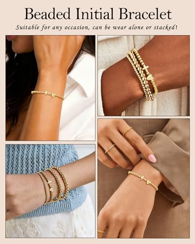 TLY Gold Beaded Bracelets for Women Cross Initial Elastic Stretch Bracelet - color: N