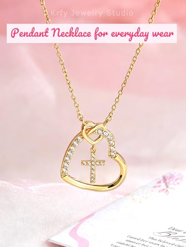 S925 Sterling Silver Cross Necklace for Girls, Baptism First Communion Confirmation Gifts, Pearl Heart Pendant Necklaces, Back to School Graduation Easter Birthday Faith Gift Age: Over 8 Years Old - style: Heart Clear CZ