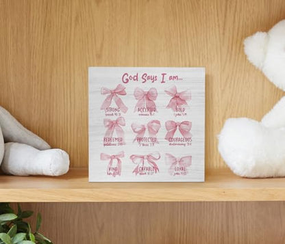 EIONEY God Says I am Desk Decor - Wooden Signs, Pink Bow Bible Verse Wood Box Sign for Girl Bedroom Dorm Home Office, Teen Girl Room Wall Tabletop Shelf Decor, 5x5 Inch
