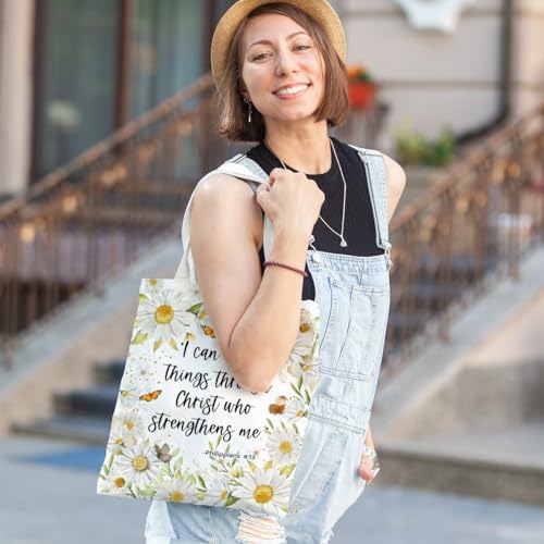 Positive Religious Christian Gifts Canvas Tote Bag for Women Christmas Birthday Cute Beach Reusable Grocery Bags - color: Philippians 4 13 Daisy
