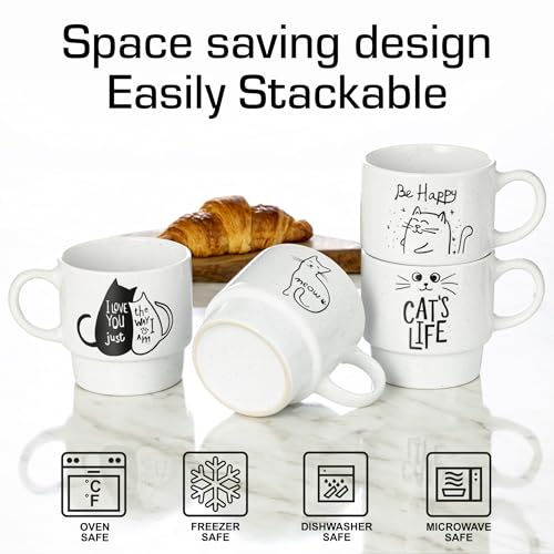Signature Housewares Stackable Coffee Mug Tower Set with Metal Wire Rack - 15 Ounce Coffee Mugs for Coffee, Tea, Cocoa, Milk, Cappuccino, Hot Chocolate Set of 4 - Cat's Life - color: Cat's Life, size: 15oz