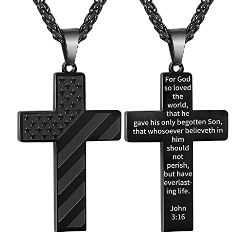 DuoDiner 18+2" Cross Necklace for Men Boys Christian Confirmation Gifts - color: Black, style: John 3:16