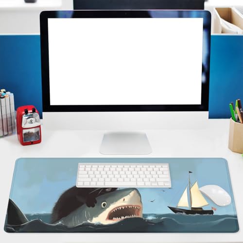 Funny Black Cat Mouse Pad Cute Ocean Shark Sailing Ship Mousepad Extended Large Laptop Keyboard Non-Slip Rubber Base with Stitched Edges for Home 31.5x11.8 in - color: Funny Black Cat, size: 31.5L x 11.8W inches