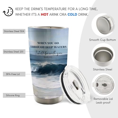 Christian Coastal Beach 20oz Travel Coffee Mug Tumbler, Gifts for Beach Lovers, Bible Verse Ocean Waves Seascape Religious Stainless Steel Tumbler with Lid and Straw - color: Deepwater
