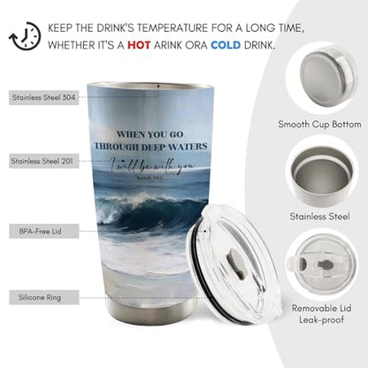 Christian Coastal Beach 20oz Travel Coffee Mug Tumbler, Gifts for Beach Lovers, Bible Verse Ocean Waves Seascape Religious Stainless Steel Tumbler with Lid and Straw - color: Deepwater