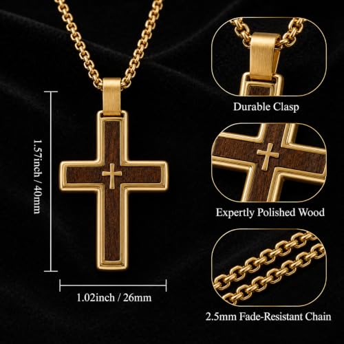 14K Gold Plated Wood Cross Necklace for Men Christian Pendant Jewelry - color: A02-Cross
