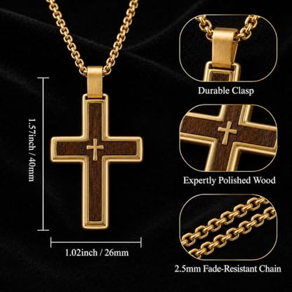 14K Gold Plated Wood Cross Necklace for Men Christian Pendant Jewelry - color: A02-Cross