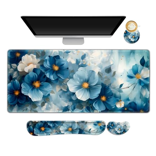 Desk Mat Pad, Gaming Mouse Pad Wrist Support Set, 4 in1 Non-Slip Large Mousepad + Ergonomic Design Keyboard Wrist Rest+Mouse Wrist Rest+Coaster for Home Office Computer I Blue Floral Watercolor - color: Blue Floral Watercolor