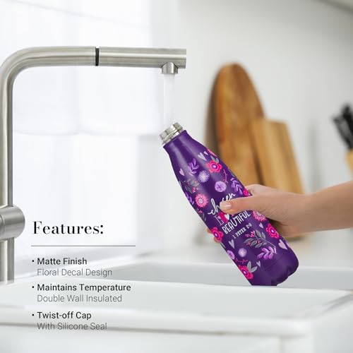 Christian Art Gifts Stainless Steel Double Wall Vacuum Sealed Insulated Water Bottle for Girls & Women: Chosen, Loved, Beautiful Inspirational Scripture, Leak/Spill-proof Thermos, Purple Floral, 17 oz - color: Chosen/Purple