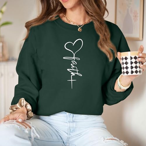 KIEKIECOO Faith Christian Sweatshirts for Women Religious Crewneck Sweatshirt Letter Print Fall Pullover Long Sleeve Tops - color: Green, size: X-Large