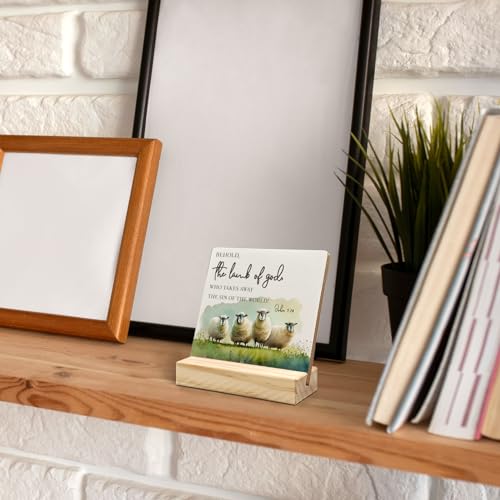 Easter Christian Lamb Desk Decor, Lamb Decor, Religious Quotes Easter Wood Plaque, Christian Bible Verse the Lamb of God Wooden Plaque Sign with Wood Stand for Home Office Decor - color: lamb sign, size: 4x4 inches