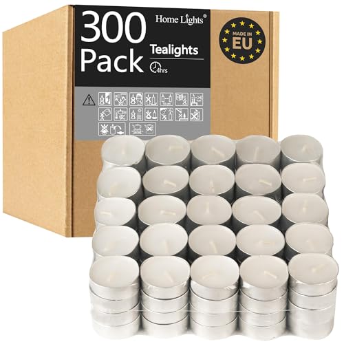 HomeLights Tealight Candles - 4 Hours - Giant 100,200,300 Bulk Packs - White Unscented European Votive Smokeless Tea Lights for Shabbat, Weddings, Christmas, Home Decorative - 300 Pack - size: 300 Pack
