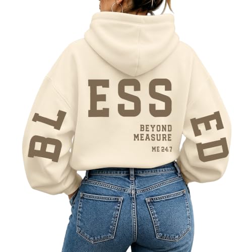 Christian Hoodies Women Blessed Sweatshirts Jesus Religious Sayings Sweater - color: Apricot, size: Medium