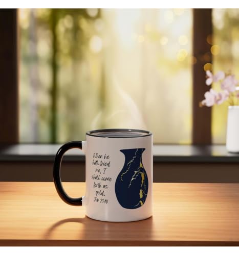 Bible Verse Jesus Christ Kintsugi Vase Gold Job Christian Ceramic Mug, Black/White, 11oz - color: Black/White, size: 11 Ounces