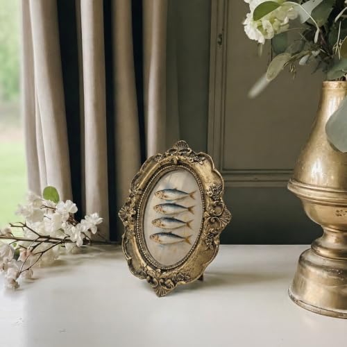Vintage Coastal Sardine Fish Small Bronze Oval Picture Frame, Rustic Beach Mini Ornate Photo Frame Baroque for Wall Art Decor TableTop Kitchen, Summer Framed Artwork Gifts for Bedroom 4x5in - color: sardine