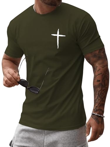 Mens Short Sleeve Cotton T-Shirts Crew Neck Jesus Cross Printed Shirts Faith Christ Shirts - color: Army Green, size: XX-Large
