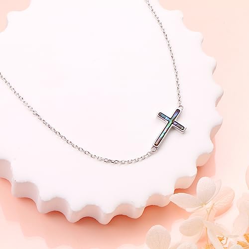 DAOCHONG S925 Sterling Silver Sideways Cross Choker Necklace 14+4 Inch - color: Silver-Abalone Shell
