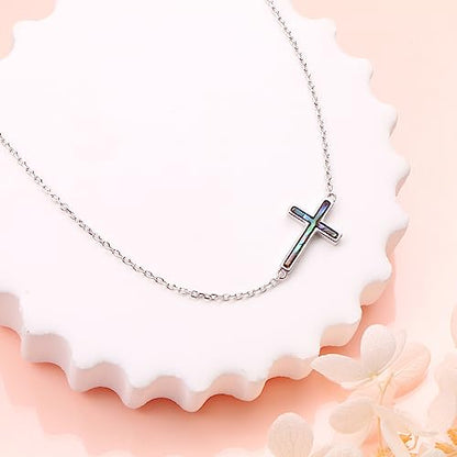 DAOCHONG S925 Sterling Silver Sideways Cross Choker Necklace 14+4 Inch - color: Silver-Abalone Shell