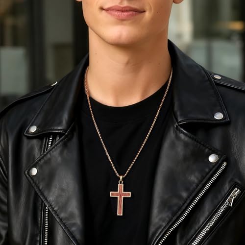 Wooden Cross Necklace for Men With Stainless steel And Black Ebony Adjustable Box Chain 24–26 inches Suitable for Everyday Wear And Christian Gifts for Men - color: Gold-B
