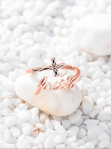 Cross Rings Faith Ring 925 Sterling Silver Adjustable Cross Wrap Ring Christian Fashion Band for Women - color: C-Rose Gold