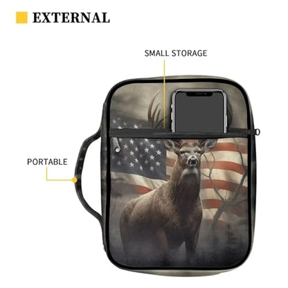 Suobstales American Flag Deer Print Bible Cover Portable Carrying Book Case Multi-Functional Bible Case Bible Organizer Case with Handle and Zippered Back Pocket - color: American Flag Deer 2